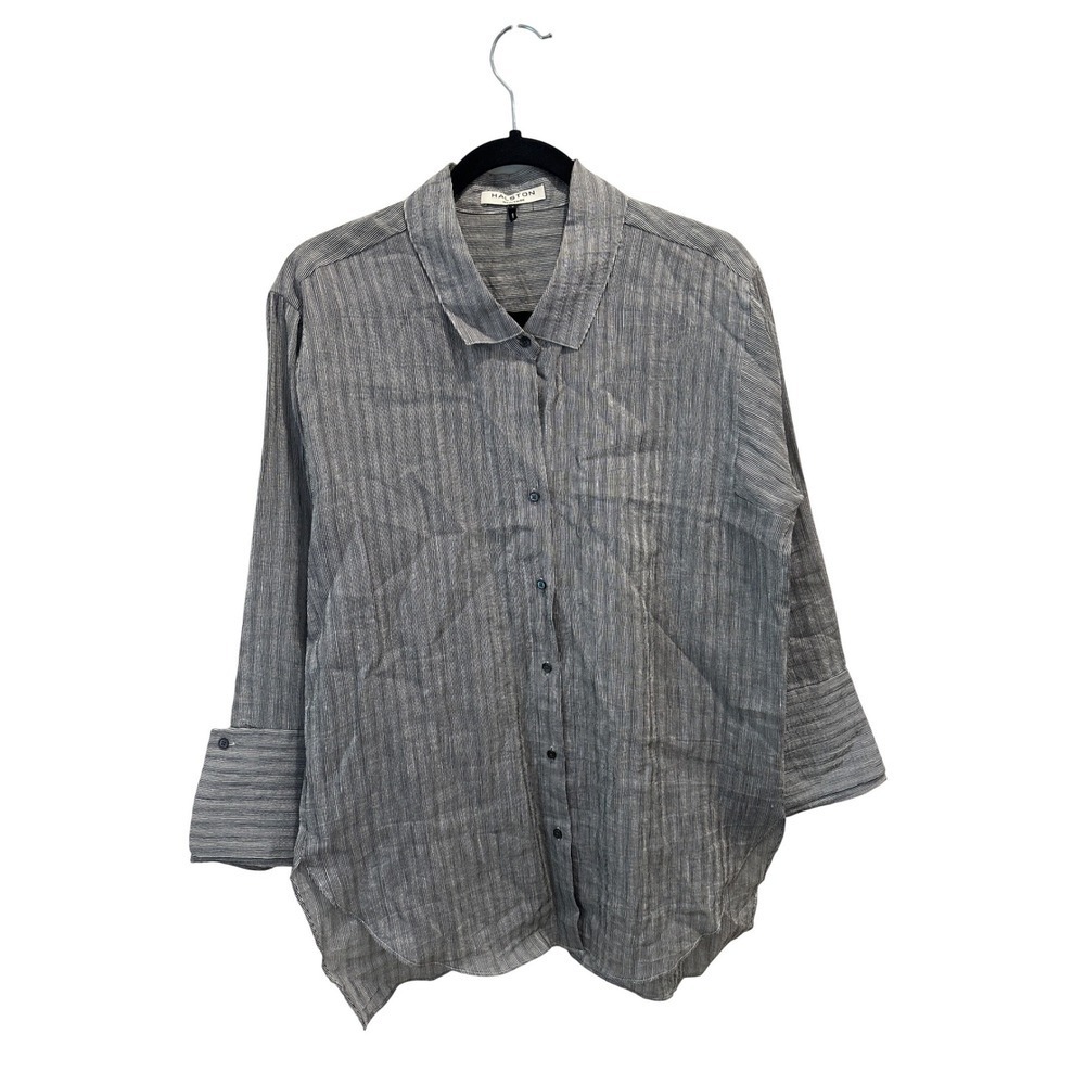 Halston Heritage Linen Silk Cotton Pinstripe Button Down Shirt Black White 2
